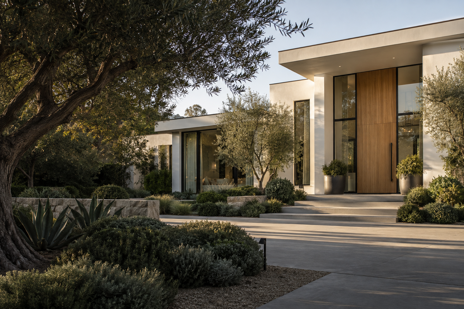 AI-generated concept of a contemporary Southern California home with white plaster, wood and dark window frames